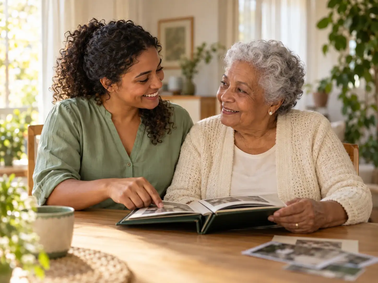Cena ilustrativa de uma cuidadora e uma mulher idosa conversando sobre um álbum de fotos em casa